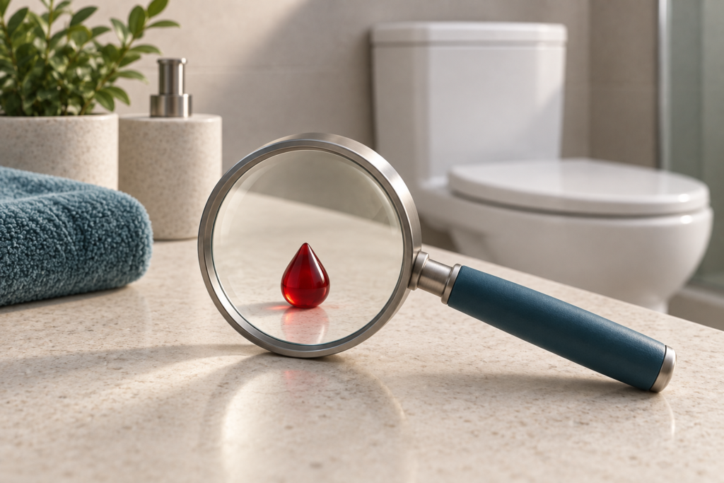 Lupa diante de uma gota decorativa de vidro vermelho sobre uma bancada, com vaso sanitário desfocado ao fundo.