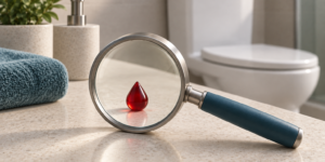 Lupa diante de uma gota decorativa de vidro vermelho sobre uma bancada, com vaso sanitário desfocado ao fundo.