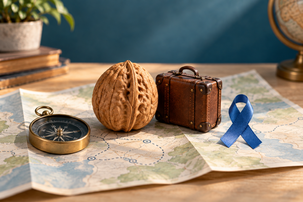 Noz com casca ao lado de uma pequena mala, bússola e laço azul sobre um mapa de papel.