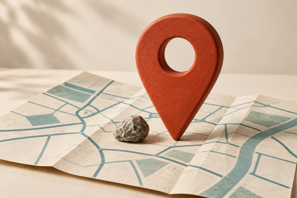 Pequena pedra sobre um mapa de papel, ao lado de um grande marcador de localização terracota.