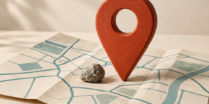 Pequena pedra sobre um mapa de papel, ao lado de um grande marcador de localização terracota.