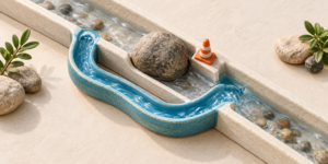 Canal azul com água contornando uma pedra em uma canaleta, ao lado de um pequeno cone laranja.