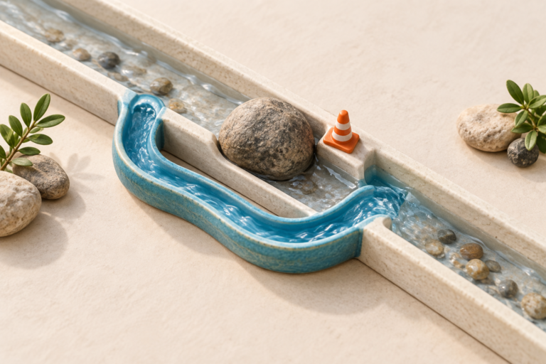Canal azul com água contornando uma pedra em uma canaleta, ao lado de um pequeno cone laranja.