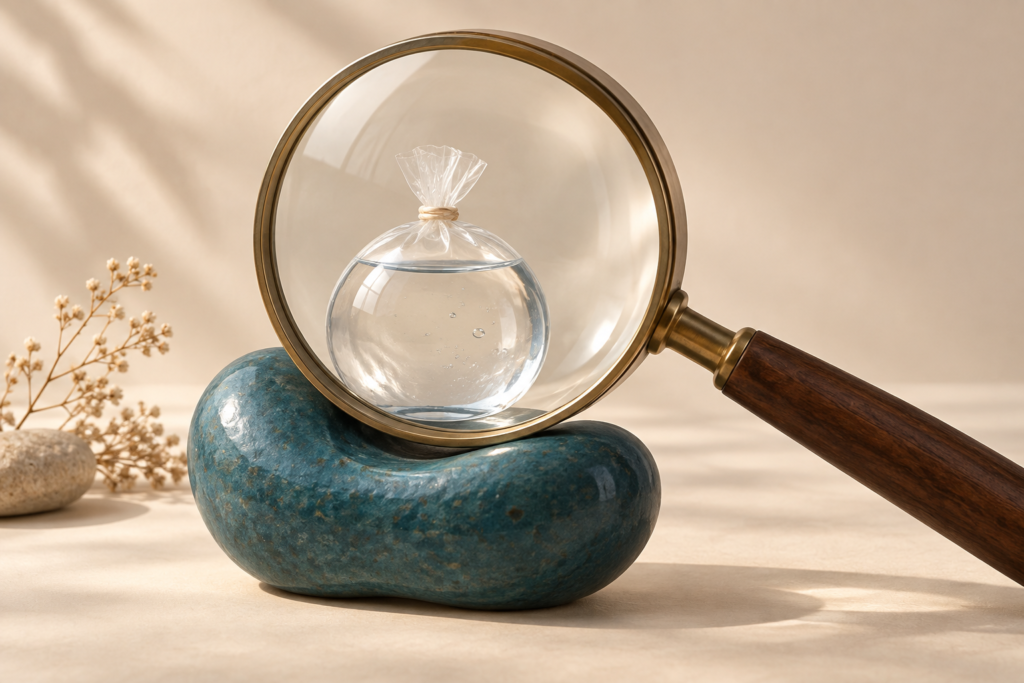 Lupa grande examina uma bolsa transparente com água sobre uma base de cerâmica azul em formato de rim.