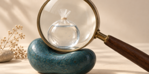 Lupa grande examina uma bolsa transparente com água sobre uma base de cerâmica azul em formato de rim.