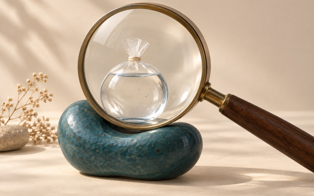 Lupa grande examina uma bolsa transparente com água sobre uma base de cerâmica azul em formato de rim.