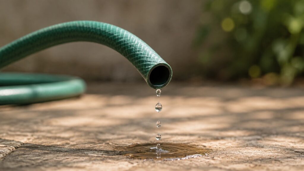 Mangueira verde soltando poucas gotas de água, em uma analogia visual ao jato urinário fraco.