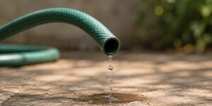 Mangueira verde soltando poucas gotas de água, em uma analogia visual ao jato urinário fraco.