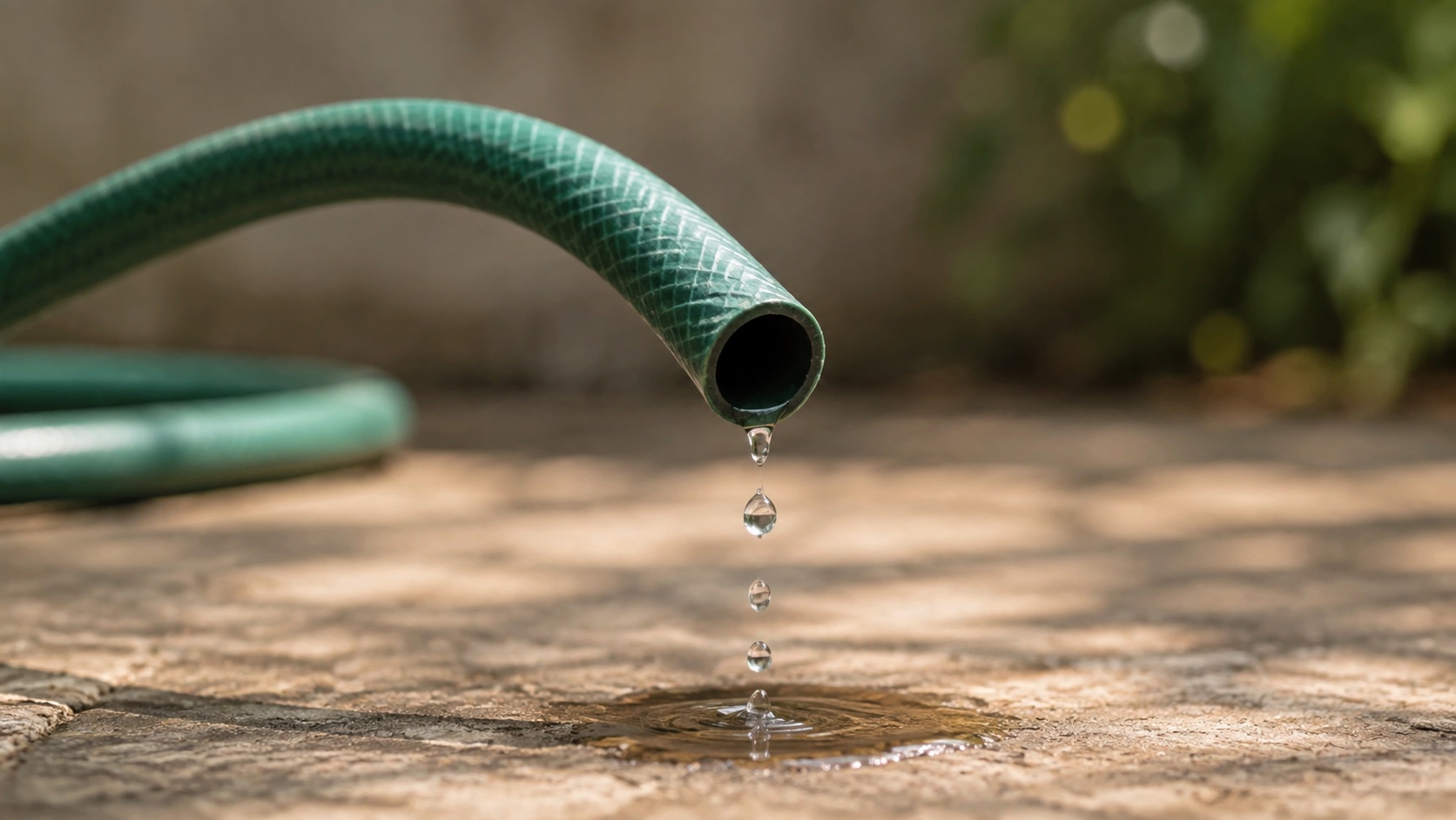 Mangueira verde soltando poucas gotas de água, em uma analogia visual ao jato urinário fraco.